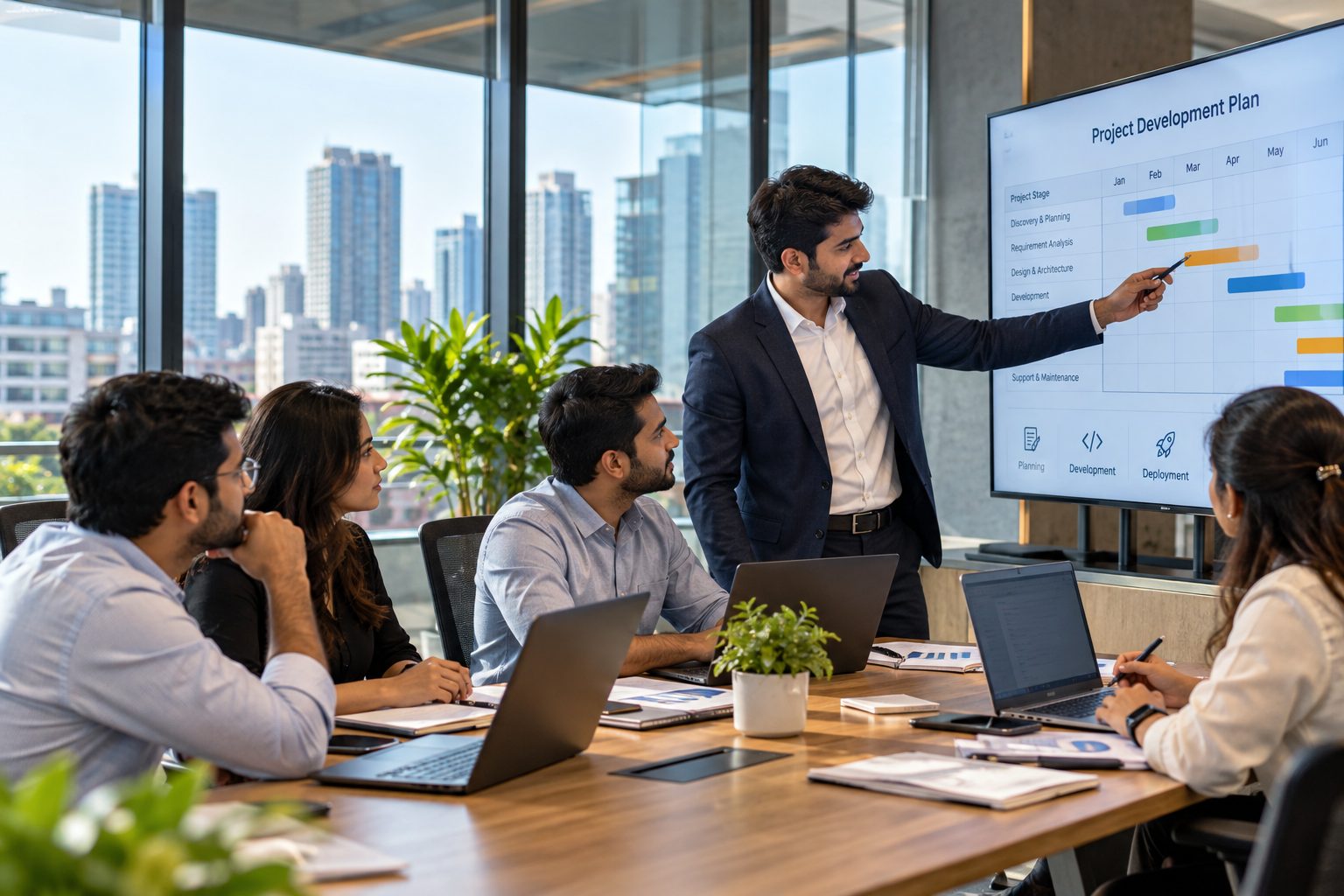 Consultant presenting a project development plan to a client team